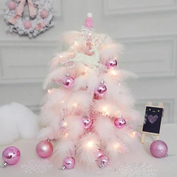 Roze Gevederde Kerstboom Kerst Ornamenten Kunstmatige Boom Handgemaakte Decoratie Kerst Ornamenten