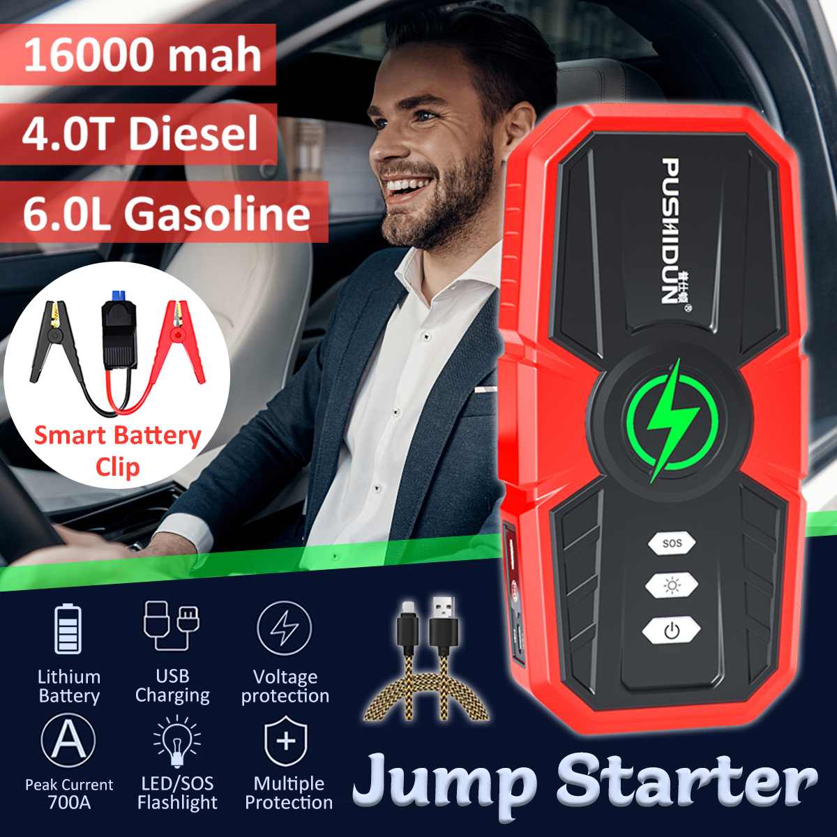Auto Jump Starter 16000Mah 12V Voertuig Nood Batterij Auto Booster Batterij Auto Starter Power Bank Krachtige Led Licht