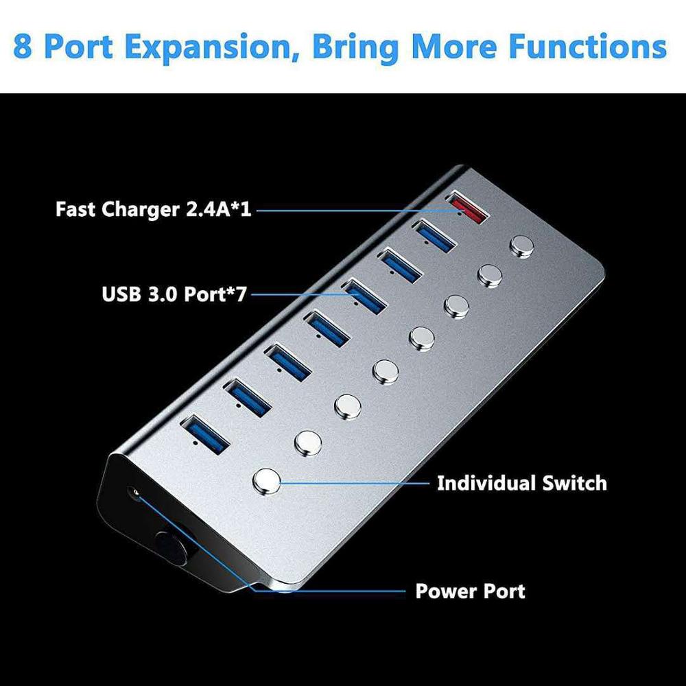 Aluminiumlegering 8-- poorts usb 3.0- splitter 7- poorts computer uitgebreide usb-hub 1- poorts snellaadadapter externe 5v 3a- voeding