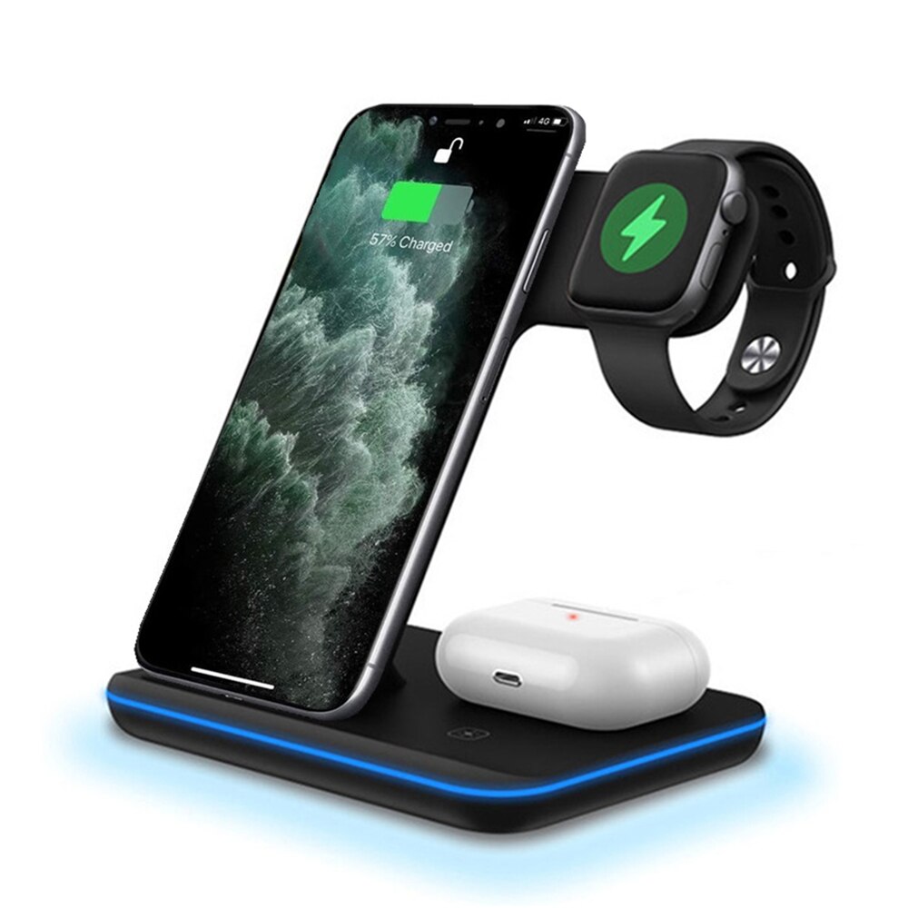 15W Qi Drahtlose Ladegerät Für iPhone 12 11 XS XR X 8 Samsung S20 3 in 1 Ladestation für Apfel Uhr SE 6 5 4 3 2 Airpods Profi: 3 IN 1 15W schwarz