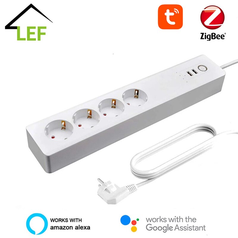 ZIGBEE – Barre d&#39;Alimentation Intelligente UE, Multiprise, Cordon d&#39;Extension, avec 2 Prises USB et 4 Prises CA, par Tuya
