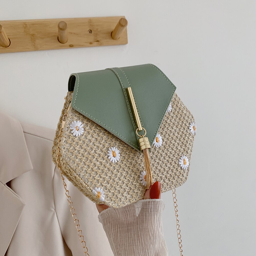 Zomer Stro Tassen Voor Vrouwen Hex-Vorm Stro + Pu Schoudertas Kwastje Rotan Strand Bohemian Crossbody Vrouwelijke reizen Keten Tas: Daisy Green