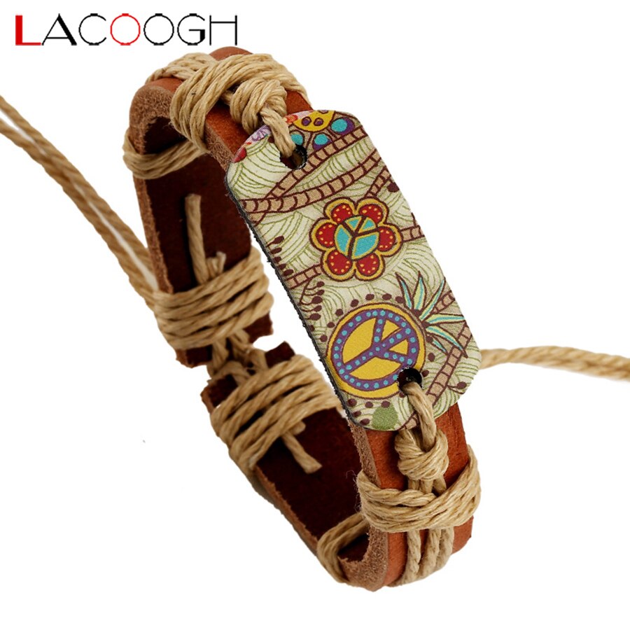 Lacoogh vintage etnisk boho retro reb læderarmbånd charme mænd kvinder fredstegn armbånd armbånd håndvævet smykker