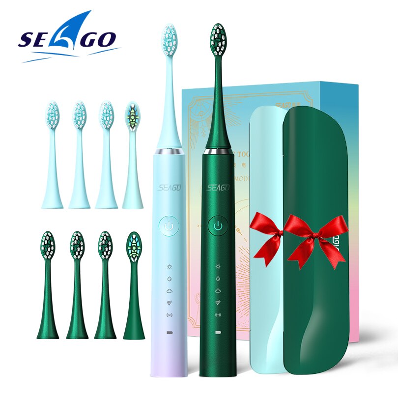 SEAGO – brosse à dents électrique Rechargeable pour adulte, sonique, étanche, 5 têtes, boîte de voyage, recommandé par le dentiste