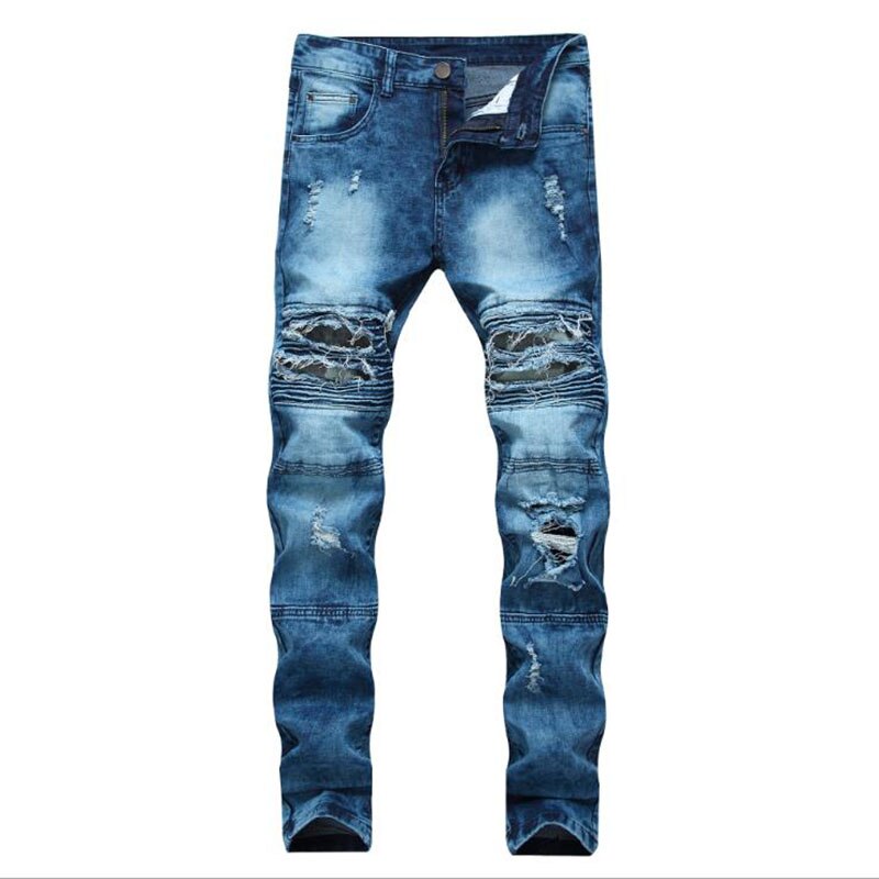 Heren gescheurde biker jeans gat skinny slim fit broek heren merk lente herfst gekrast zwart blauwe denim broek 42