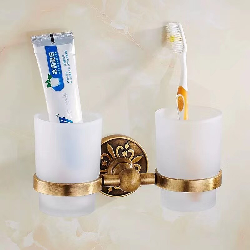 Conjunto de accesorios de baño antiguo de bronce tallado, accesorios de baño, estante de almacenamiento, toallero, porta pañuelos, cepillo de baño: tooth brush holder