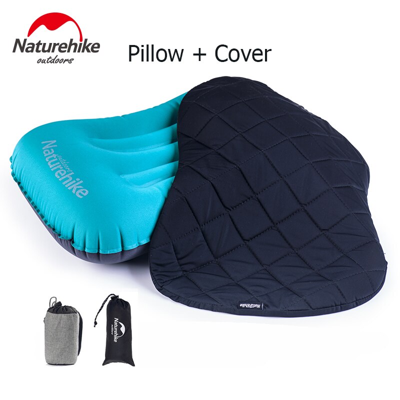 Naturehike Inflatable Pillow Polyester TPU Air Pillow Ultralight Compressible Beach Pillow Portable Hiking Travel Pillow: Bule - With Cover