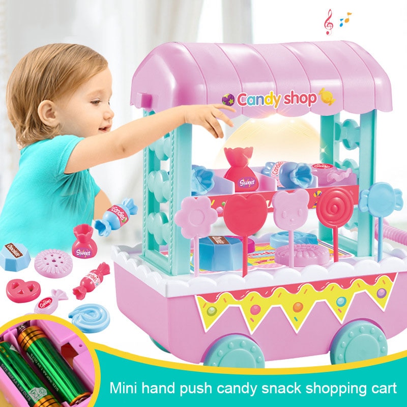 18 Pcs Set Children Kids Toy Role Play Candy Cart Shop Pretend Mini with Light Music BM88