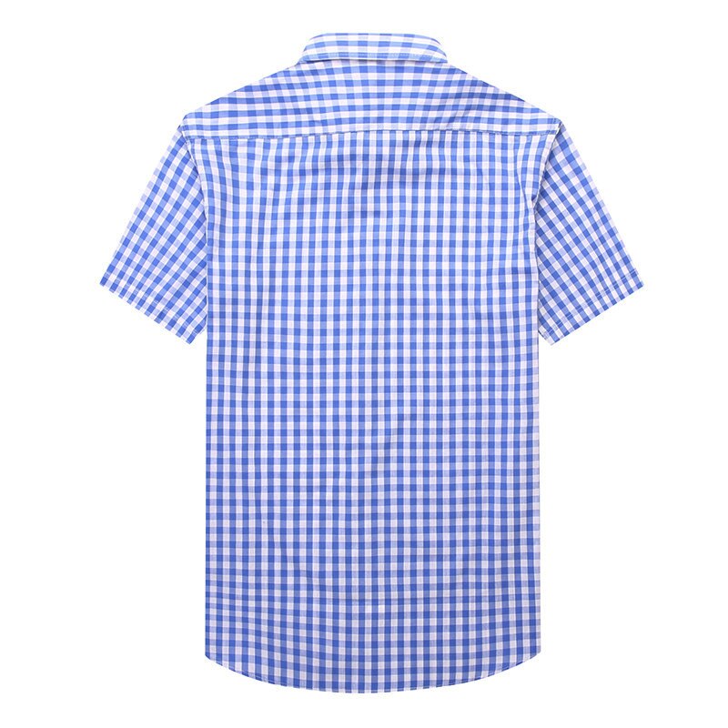 Summer Short Sleeve blue Plaid Shirts Men Casual Shirts square collar loose fit Shirts with front pocket 100% cotton