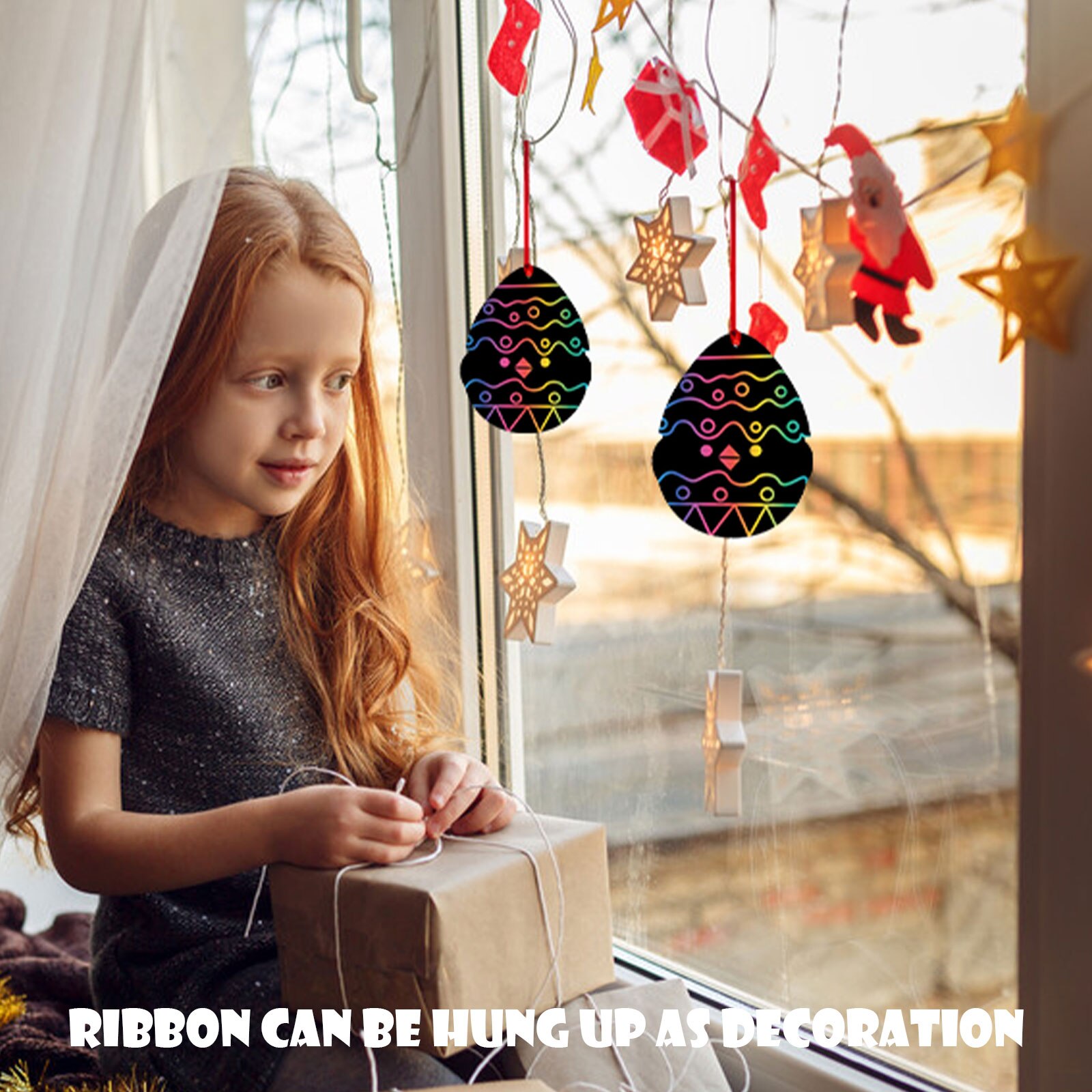 DIY Easter Egg Rainbow Easter Egg Rabbit Chick Scratch Art Ornaments with Ribbons Scratching Pens for Kids Hunt Party