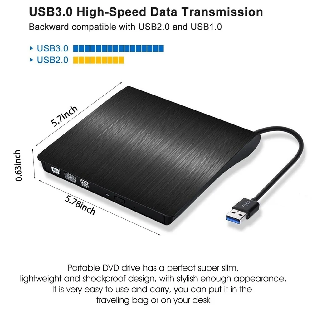 External USB 3.0 DVD CD Drive Burner Writer for Laptop Desktop Mac Windows Linux Portable High Speed