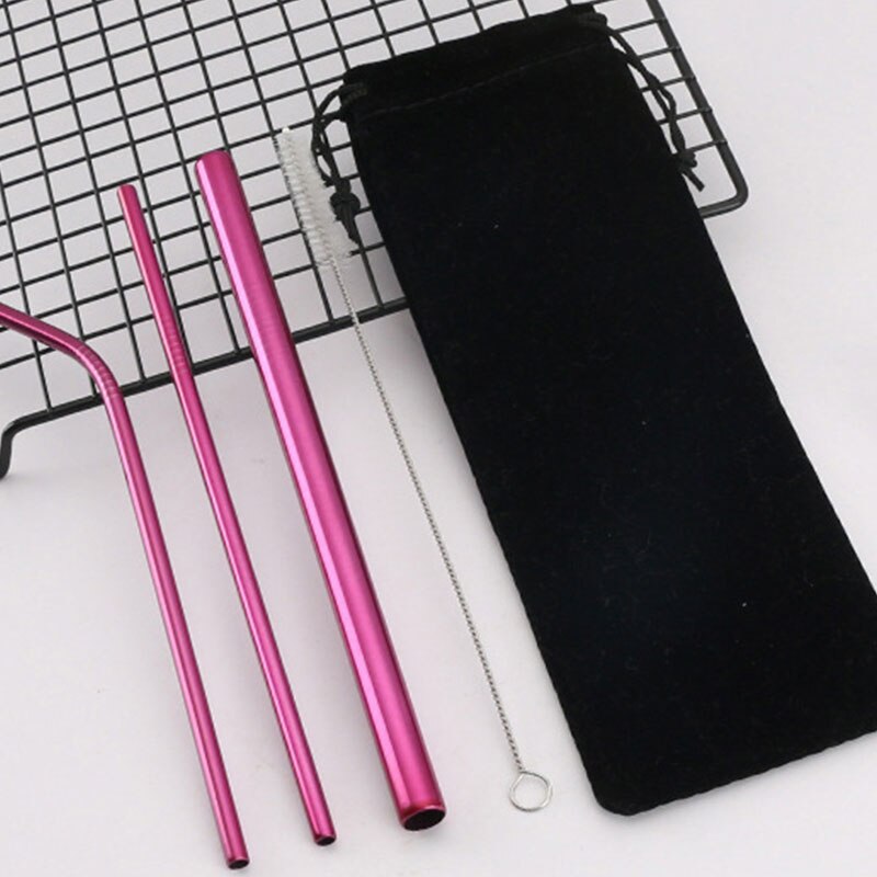 5PCS Reusable Metal Straw Eco Friendly 304 Stainless Steel Straw Cleaning Brush Pink Drinking Straws Bubble Tea Bag Pouch Set: Pink