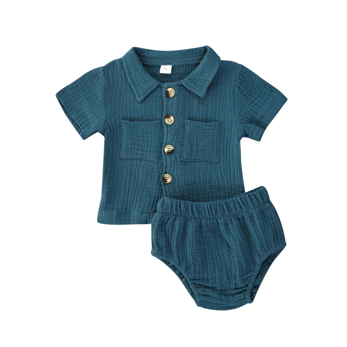 Baby pige dreng 2 stk outfit sæt solid plisseret button-down foldet krave kortærmet top skjorte trekant elastik bukser sæt: Blå / 12m