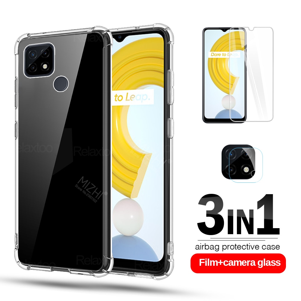 Caso para realme c21 cubierta 3in1 lente de la cámara de vidrio protector para realme c 21 21c realmy c21 transparente funda del teléfono del Silicona coque