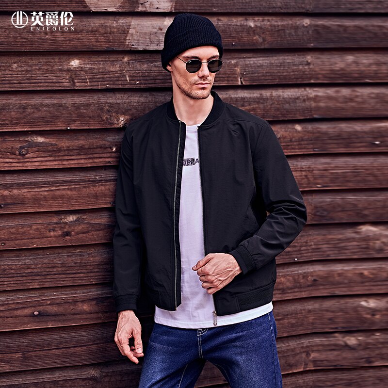 Enjeolon Brand Autumn Winter Men Simplicity Jacket Coat Young Causal Embroidery Print Baseball Coats JK0379: Black / XXL