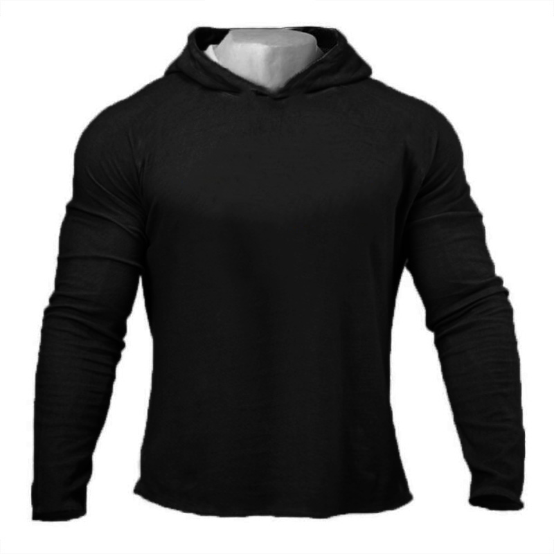 Ropa de gimnasio de Color sólido, camiseta ajustada de manga larga con capucha, Sudadera con capucha transpirable de algodón, ropa deportiva muscular para culturismo y Fitness para hombre: M / Negro