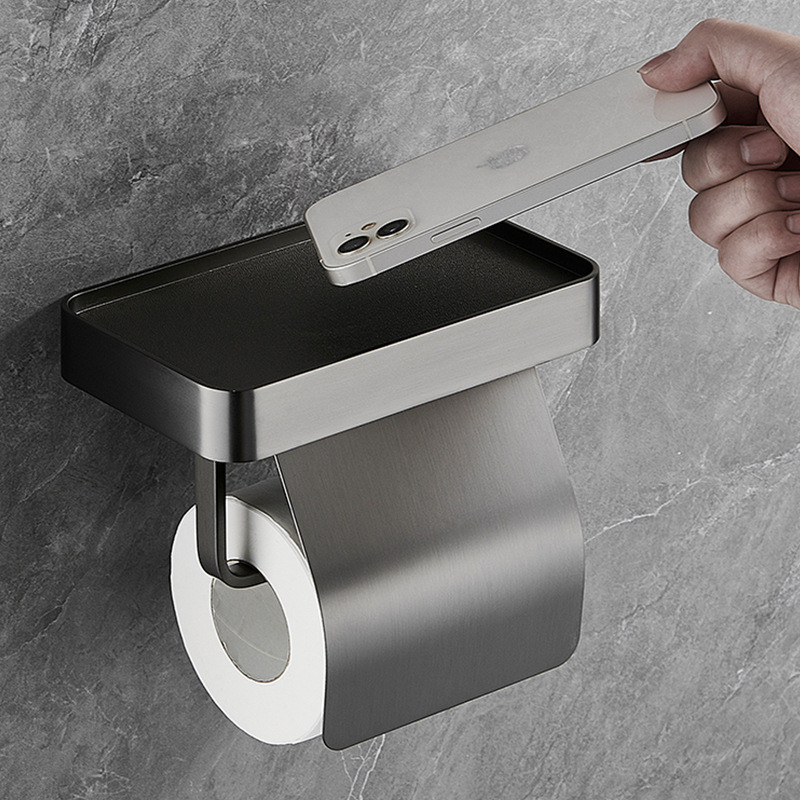 Tuqiu-soporte de papel higiénico gris cromado, portarrollos de papel de acero inoxidable con estante de almacenamiento para teléfono