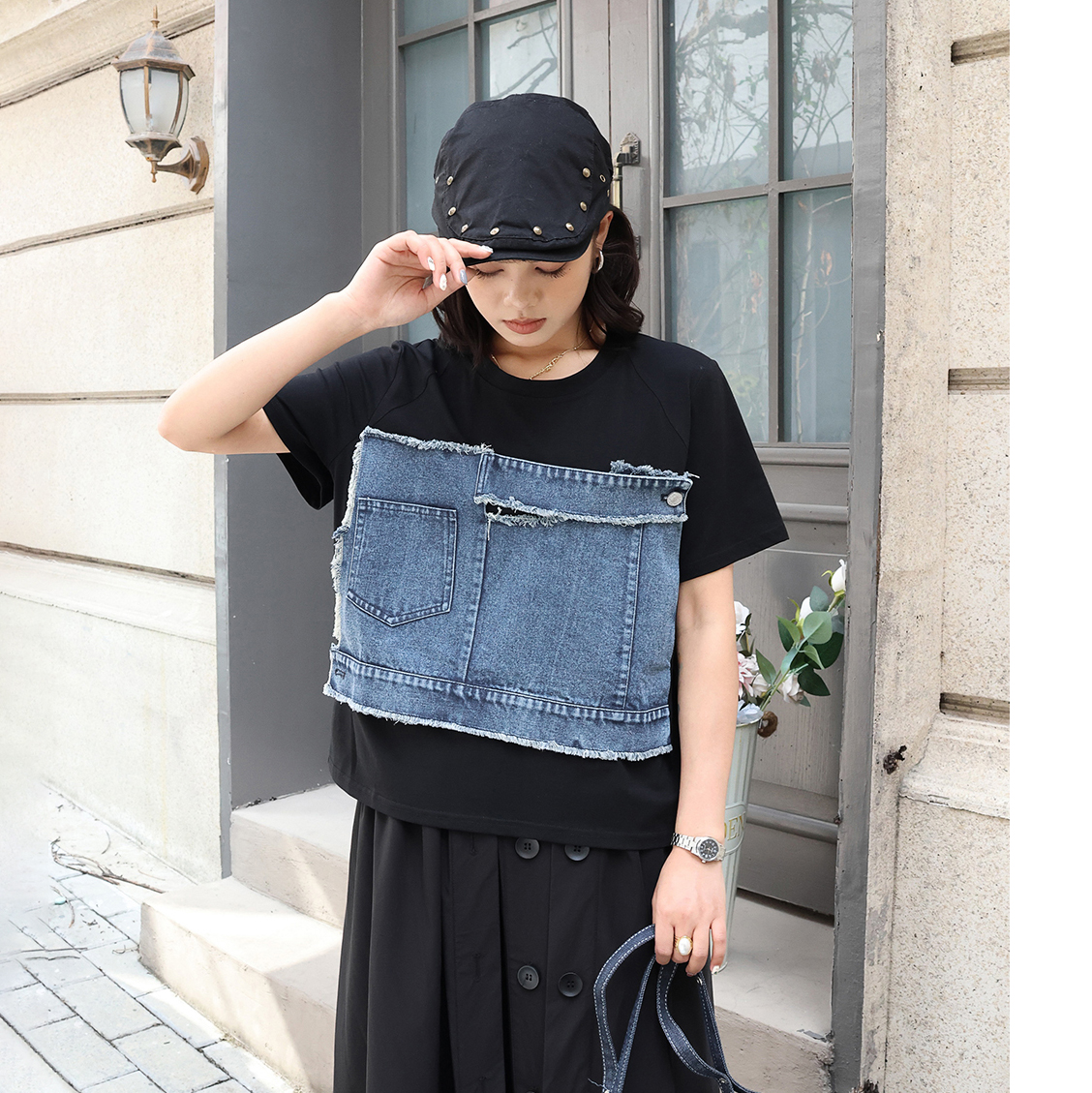 250301 Frauen Blau Denim Farbe-Block verlieren T-Shirt Neue O Hals Kurzarm Flut Frühling Sommer 2025,