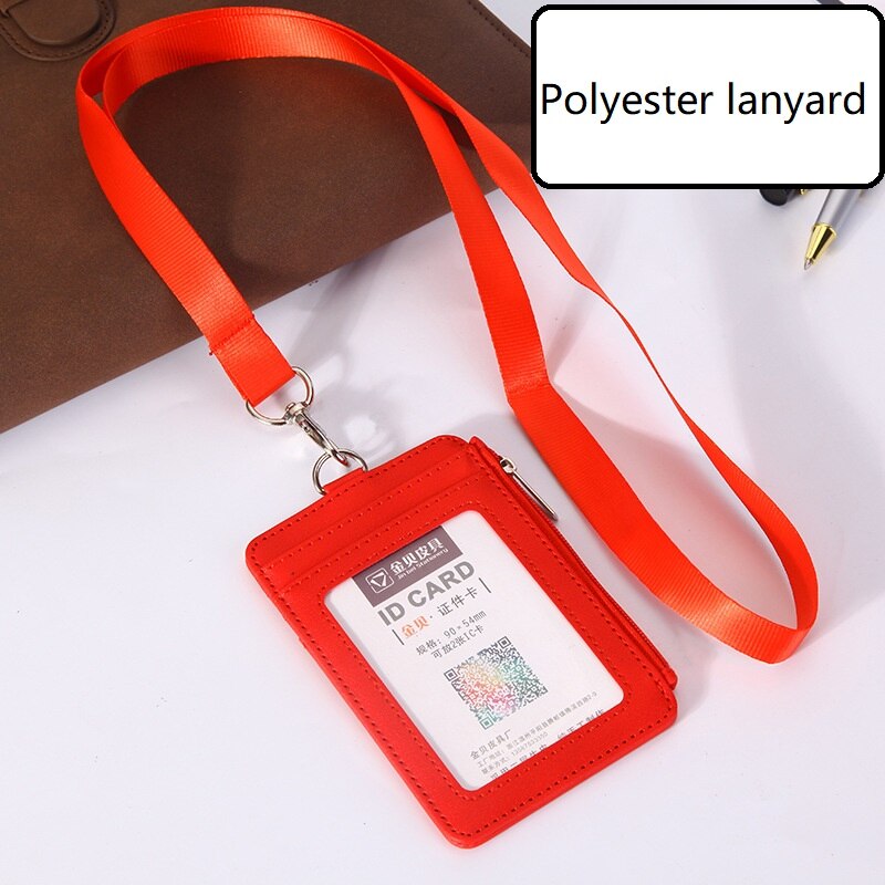 Pu Lederen Id Badge Houder Met Rits Porte Bus Pass Case Cover Slip Mannen Vrouwen Bank Credit Card Houder met Polyester Lanyard: Red Polyester