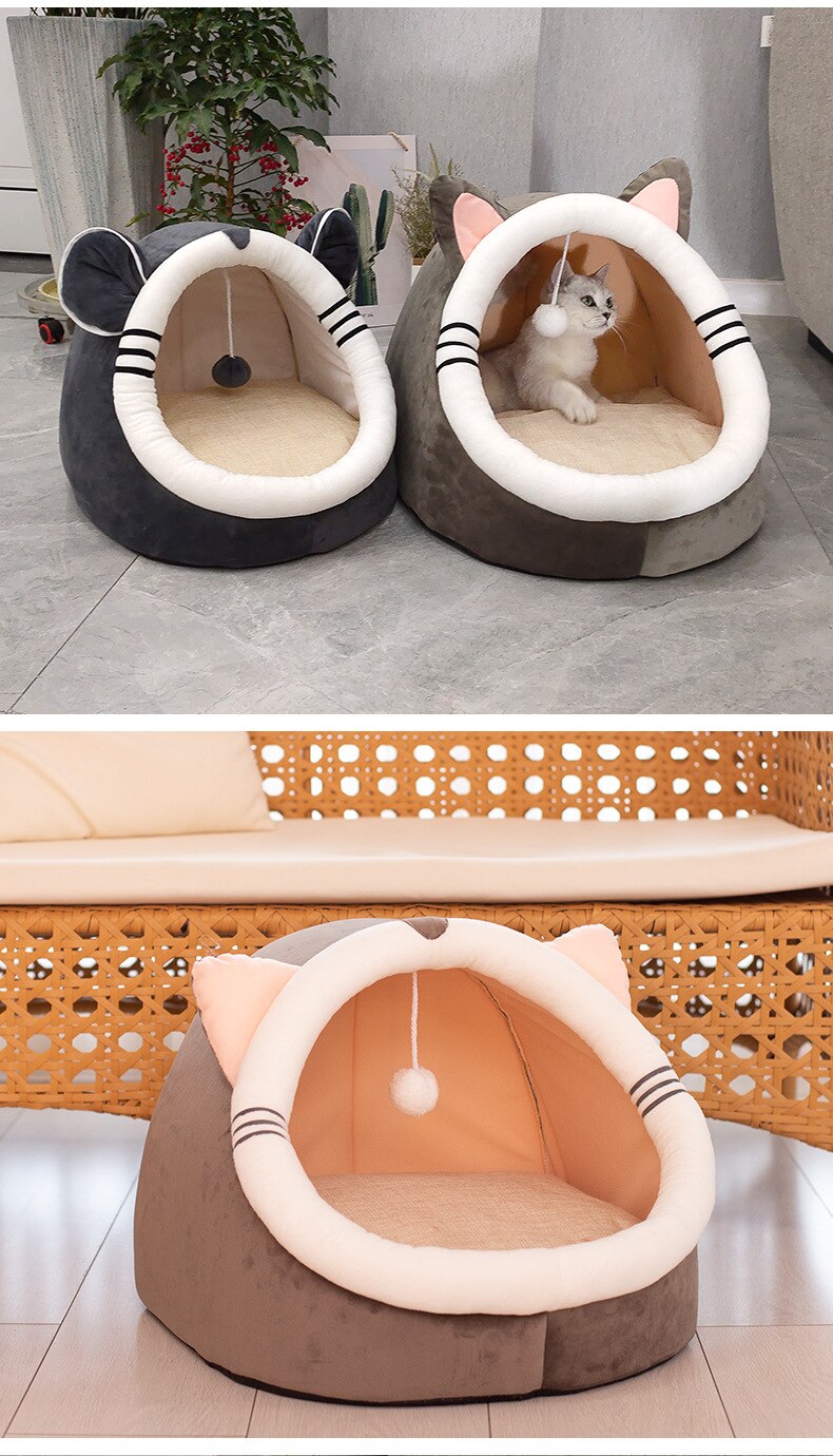 Semi-enclosed Foldable Cat House Cartoon-shaped Cute Cat Bed Warm Cozy Kitten Bed Collapsible