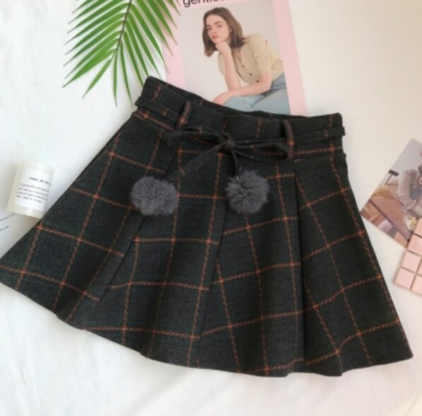 Japanese sweet Autumn Plaid pleated Woolen skirt soft girl cute kawaii preppy style temperament mini JK college uniform skirt: orange skirt / M