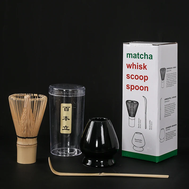 Ensemble de mélangeur matcha japonais en bambou, fait à la main, cuillère à café, agitateur: Black