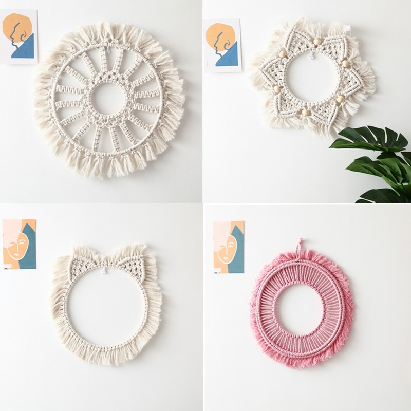 Marco de espejo de pared con borlas tejido a mano, tapiz de macramé bohemio, decoración colgante de pared redonda hueca para el hogar, decoración de habitación de niños