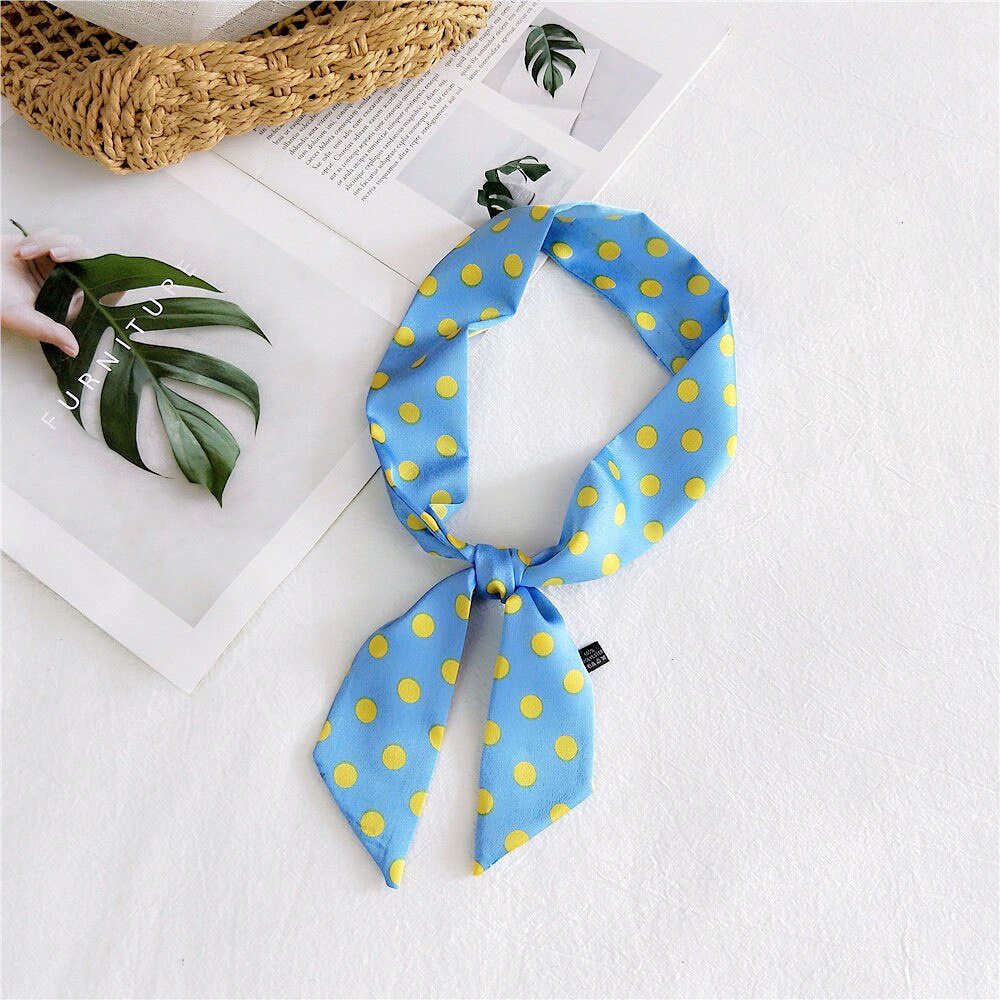 Spring Summer Women's Polka Dot Printed Silk Stain Hair Ribbon Tie Scarf Female Black White Green Yellow Bag Scarves: Blue