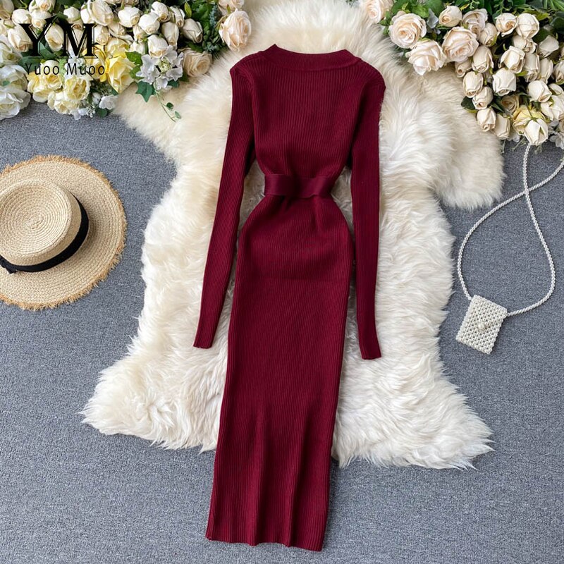 Yuoomuoo kvinder kjole o-hals knapper strikkede dame kjoler efterår vinter lange ærmer slim fit bodycon kjole kontor