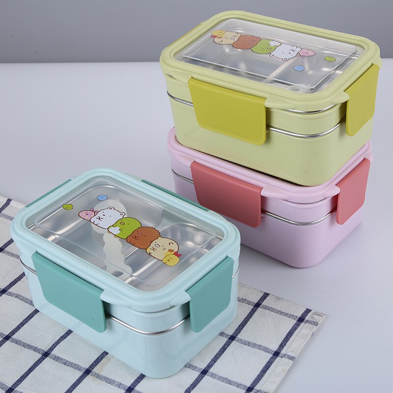 Draagbare Roestvrij Staal Lunchbox Dubbele Laag Cartoon Voedsel Container Doos Magnetron Bento Box Voor Kinderen Kinderen Picknick School