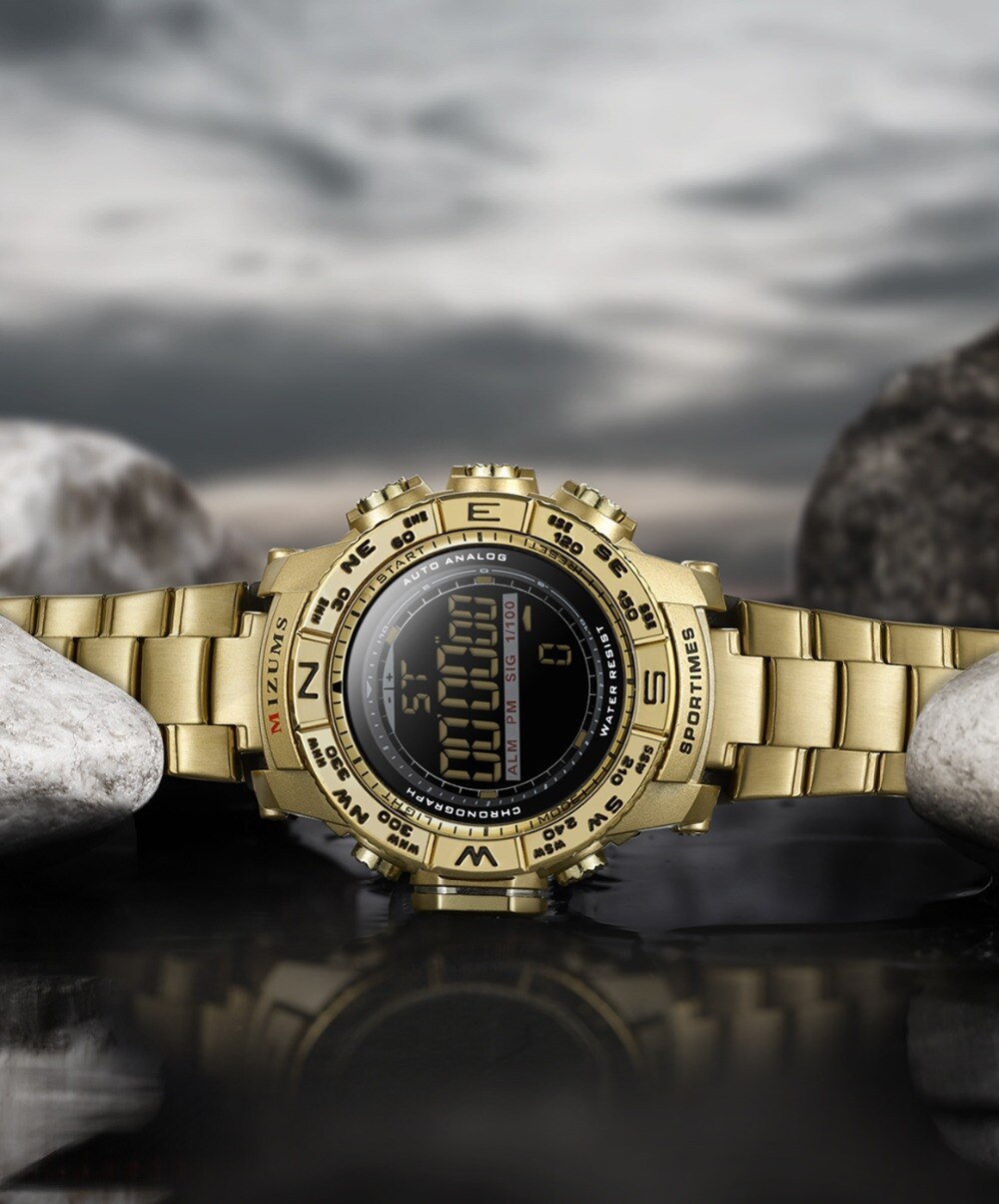 Montre à Quartz en acier doré pour hommes, chronographe électronique numérique LED, horloge de sport,