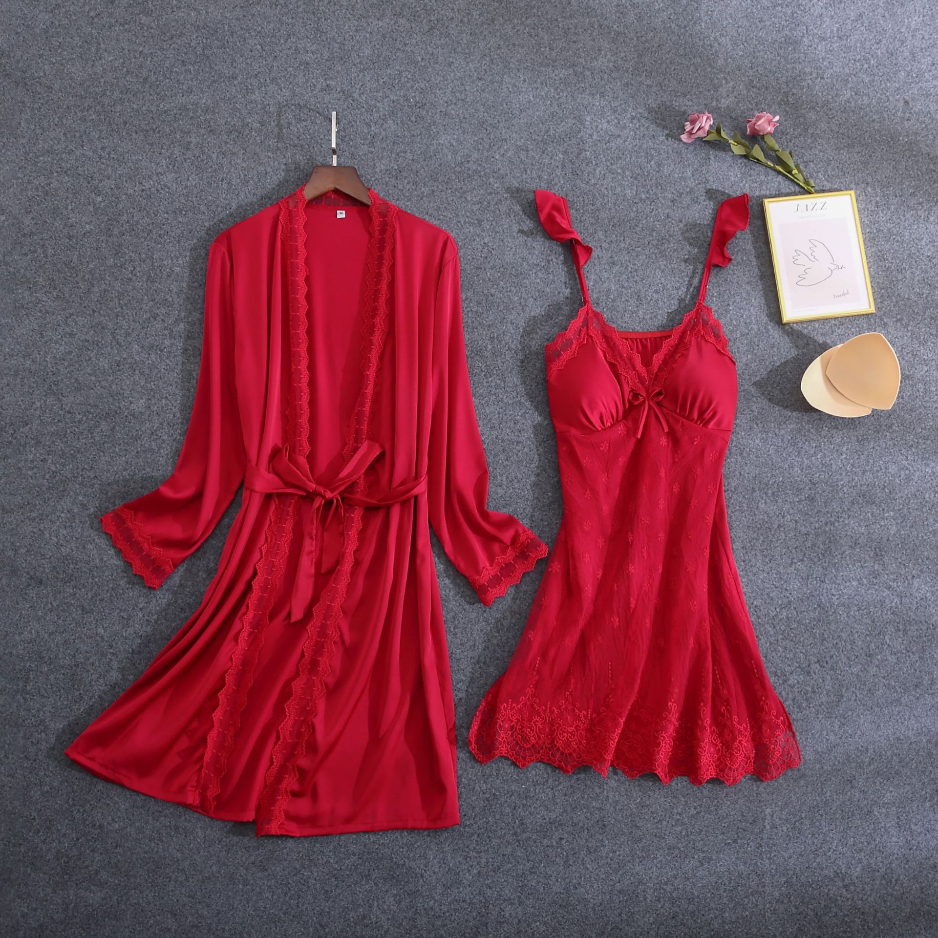 Wit Kant Bruid Bruidsmeisje Wedding Robe Set Vrouwen Zomer Nachtkleding Kimono Badjas Gown Losse Toevallige Slaap Pak Sexy Huis Jurk: Xl / Burgundy Robe Set A
