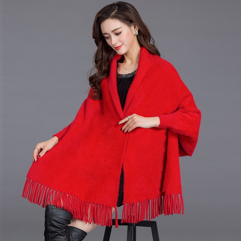 Forår og efterår cashmere strikket sjal kvinders jakke vild med ærmer vinter cheongsam frakke toppe med kvast uld kappe  y624