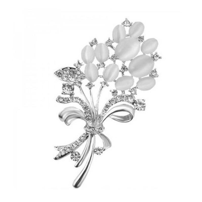 1 pçs moda opala pedra flor broche pino acessórios para vestuário presente de aniversário broches para as mulheres strass broche pino: Silver