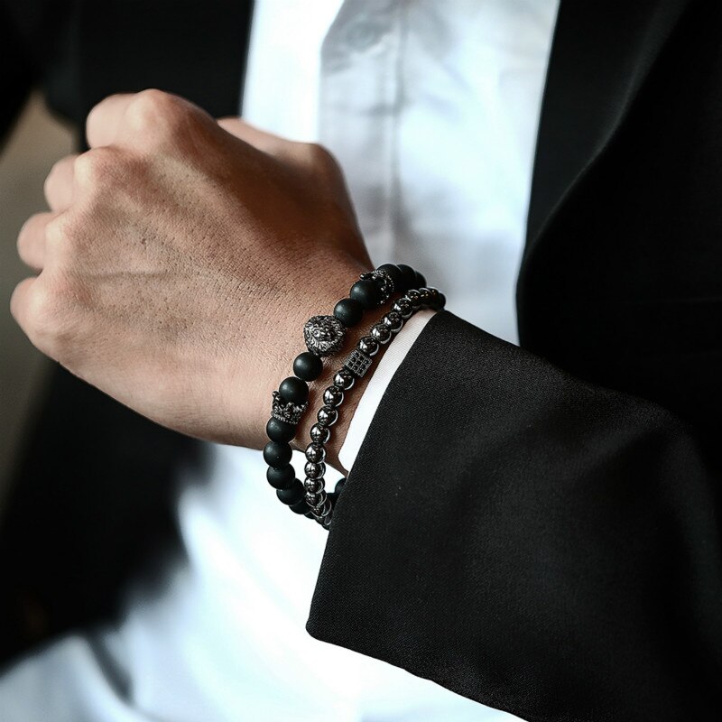 Conjunto de 2 unids/set de pulsera de corona de León para hombre, brazalete clásico de cuentas de piedra de Lava mate, pavé CZ, de joyería: 3