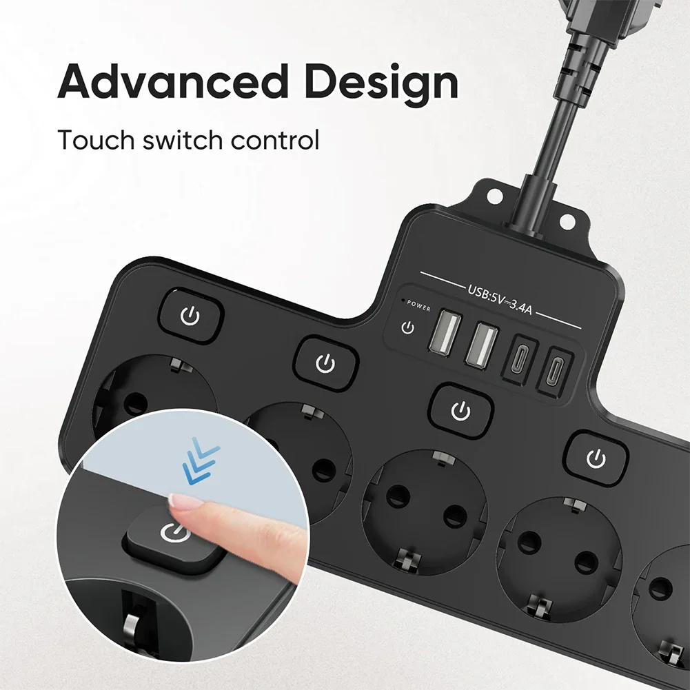 USB W Way Power Strip Multiple EU Socket Power Strip High Power Capacity Individually Switchable Outlets Multiple EU Socket