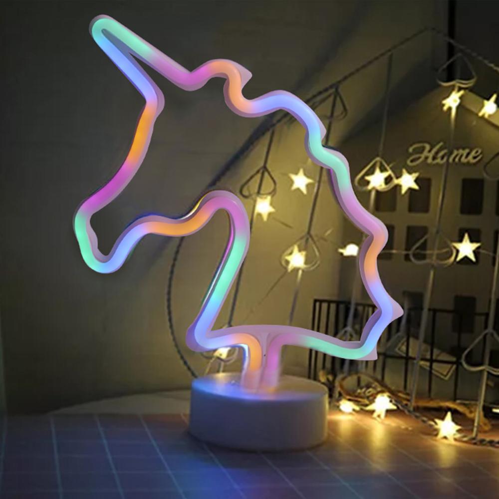 Neonskilt ledet lampe neonlys til værelser usb kabel / batteridrevet skrivebord borddekoration flamingo enhjørning kaktus jul: Enhjørning farverig
