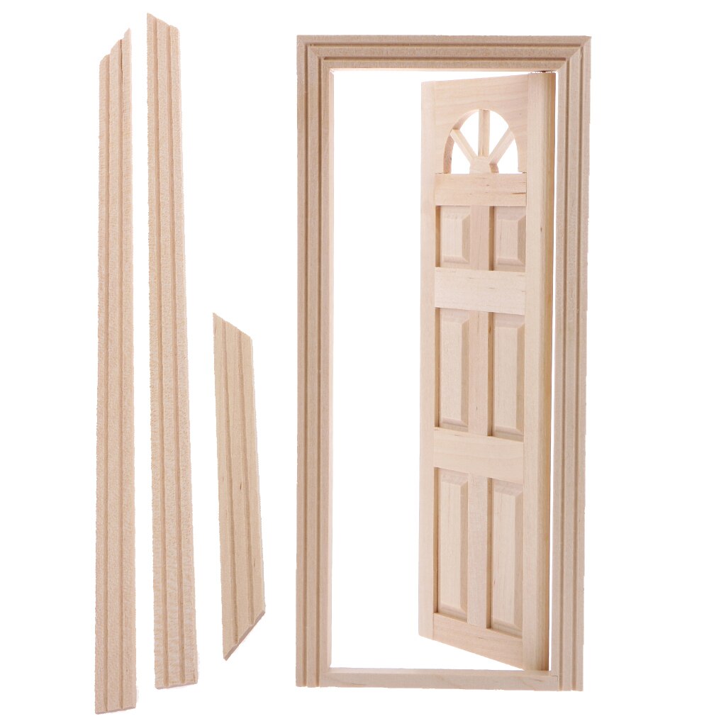 1/12 poppenhuis miniatuur natuurlijke afwerking houten voorraamdeur met /6- panelen