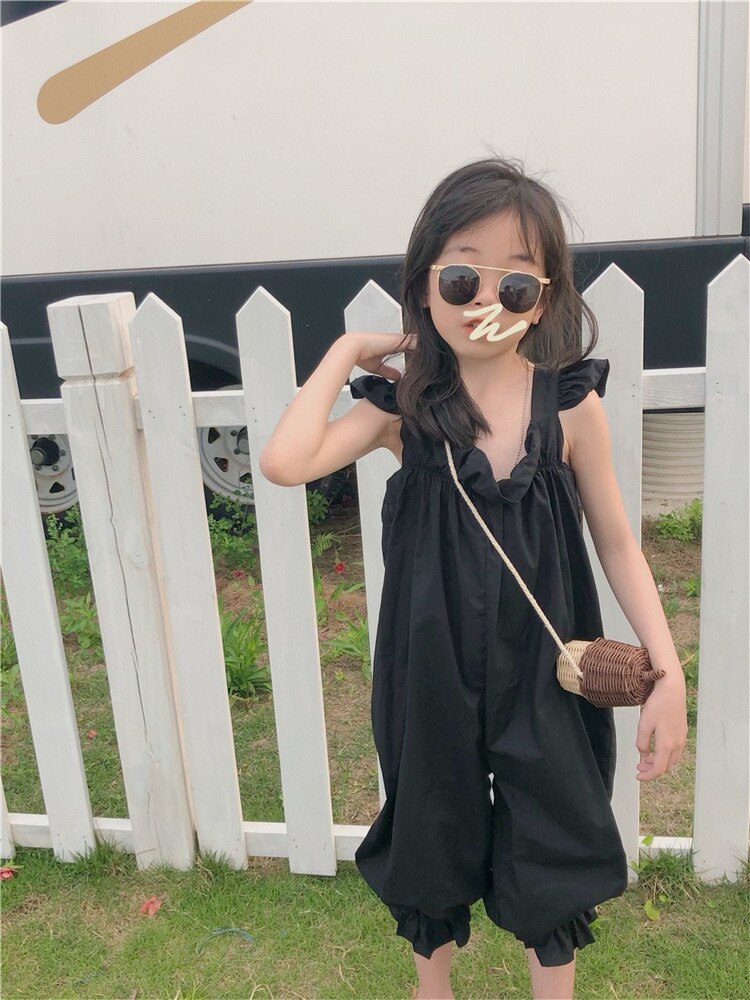 summer black overalls girls ruffles jumpsuits children sleeveless jumpsuits 2-10Y ws1688