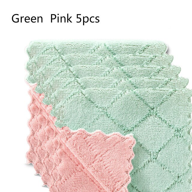 5pcs Rag Cleaning Cloth For Washing Dishs Kitchen Supplies Kitchen Double Side Absorbent Dishcloth Special Soft Kitchen Tool: Green  Pink 5pcs