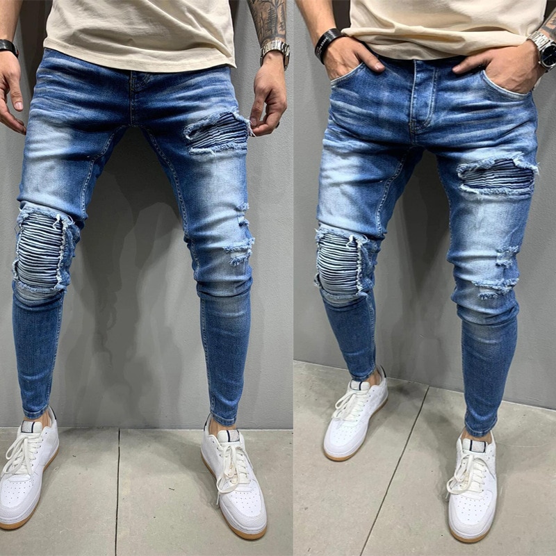 Skinny ripped jeans mænd casual slim fit herre fold jeans homme mærke motor biker hip hop denim bukser bukser pantalones hombre