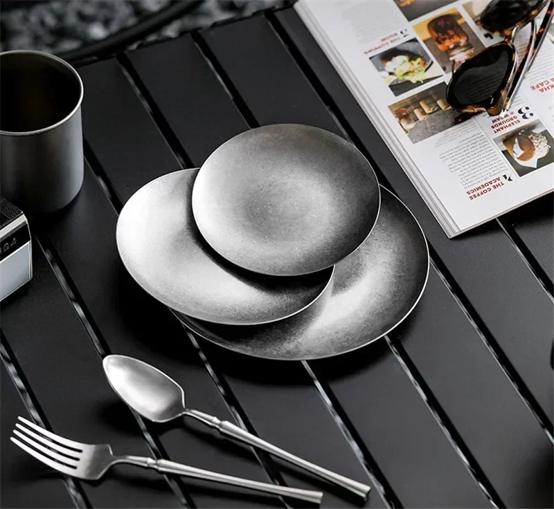 304 ronde vintage dessertbord Creatieve steak Pastaplaat Roestvrij staal Eettafel Taartbak Ondiepe borden set Japanse gerechten