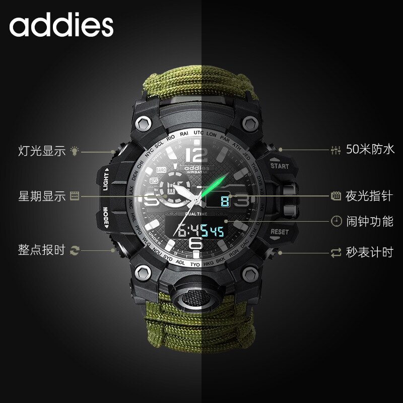 Sport Multi-Functionele Led Elektronische Horloge Dubbele Display Fluitje Waterdichte Lichtgevende Outdoor Mannen Trending Horloge