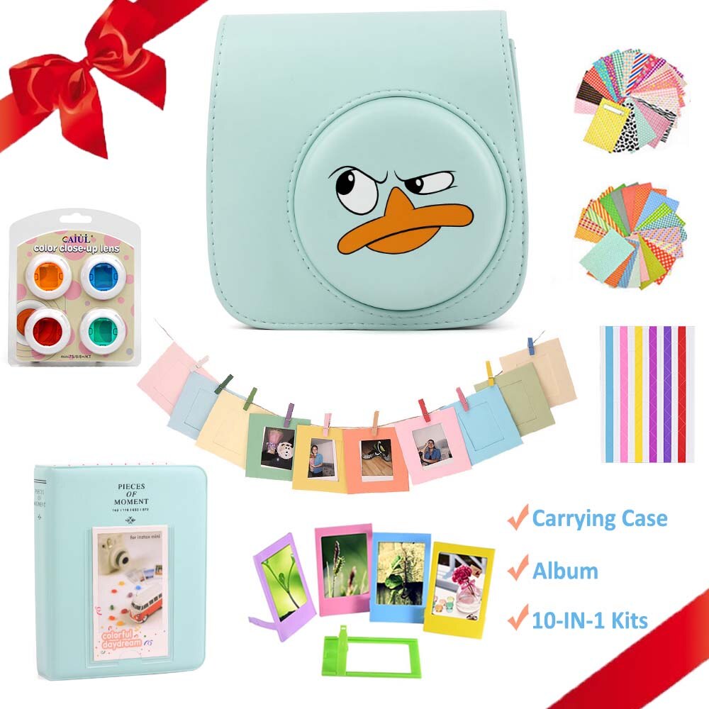 Voor Fujifilm Instax Mini 9 Mini 8 Instant Camera Schilderen/Rose Draagtas Tas Cover Pu Leather Pouch + album + 10-In-1 Kit: Angry Duck Set