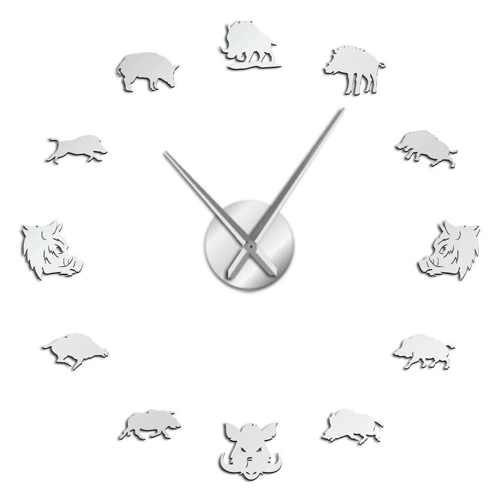 3D Sus Scrofa Wild Boar Figures Wall Art Mirror Stickers DIY Giant Mute Wall Clock Wild Pig Large Hanging Watch Hunter: Silver / 27 Inch