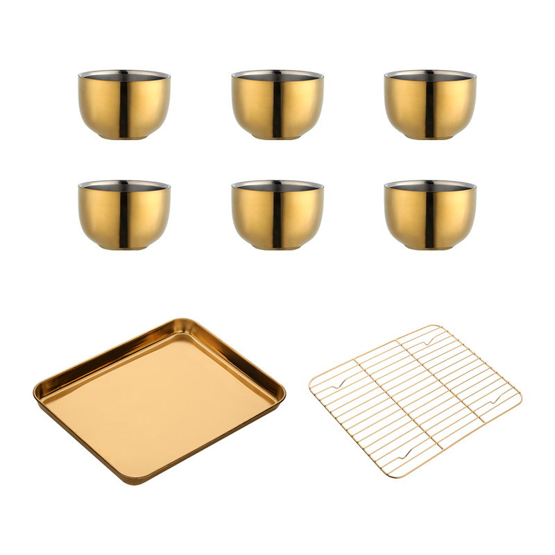 Ensemble de tasses à thé en acier inoxydable, 4/8 pièces, avec plateau et support amovible, tasse en or Double couche Anti-brûlure, service à thé: Gold as photo