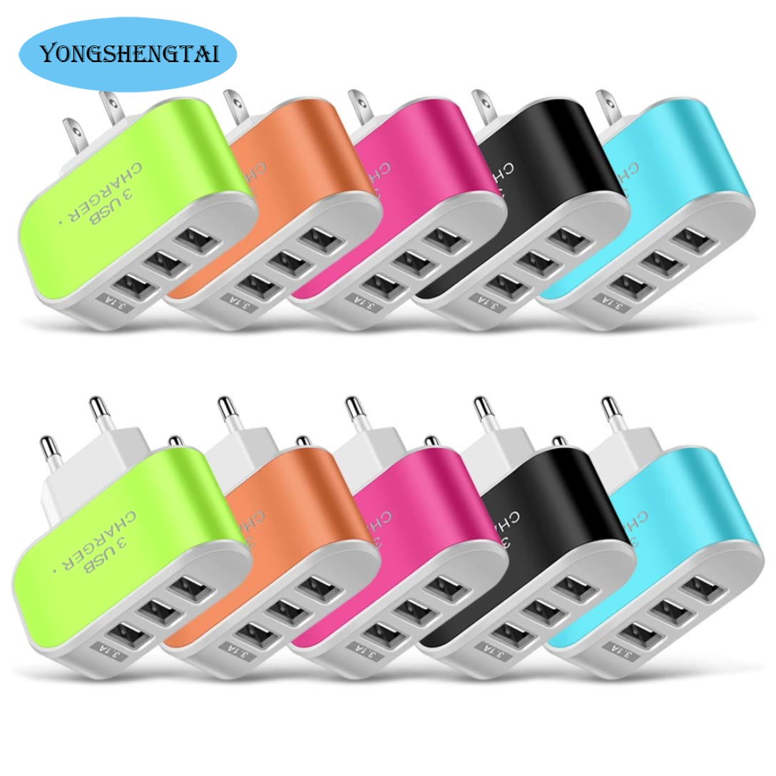 3 anschlüsse, 3.1a dreifach-usb-anschlüsse, netzteil für zuhause und reisen, us-/eu-stecker, handy-ladegerät