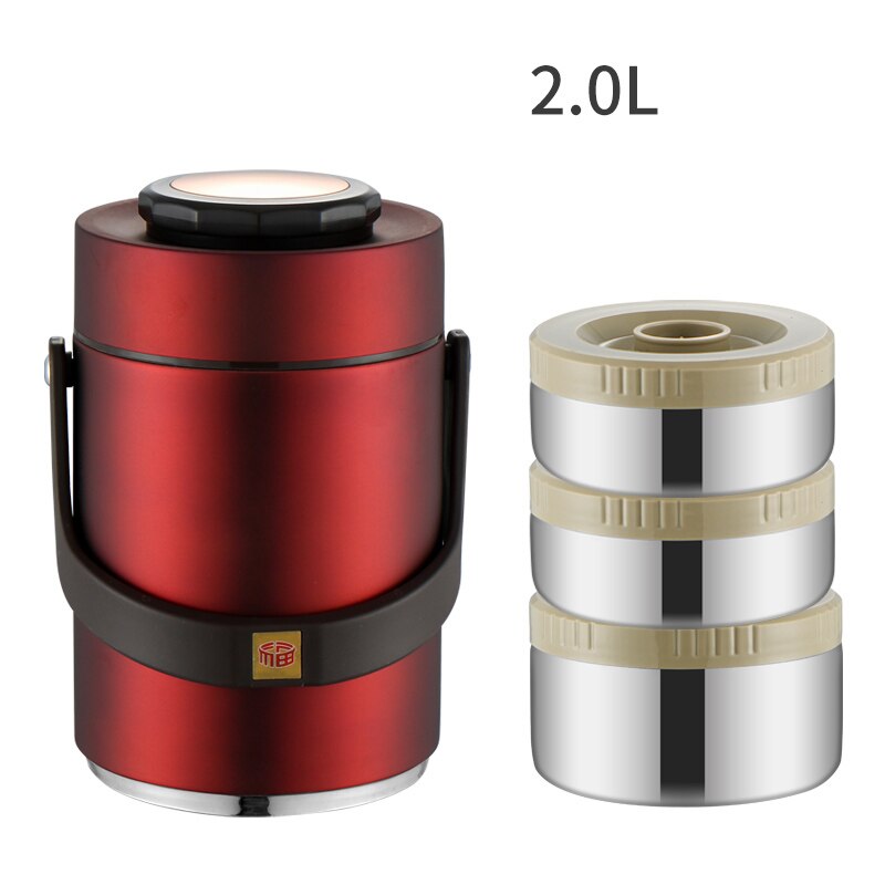 Portable Large Capacity 304 Stainless Steel Vacuum Insulation Bento Lunch Box Leak-Proof Food Storage Container Outdoor Thermos: Red-2L