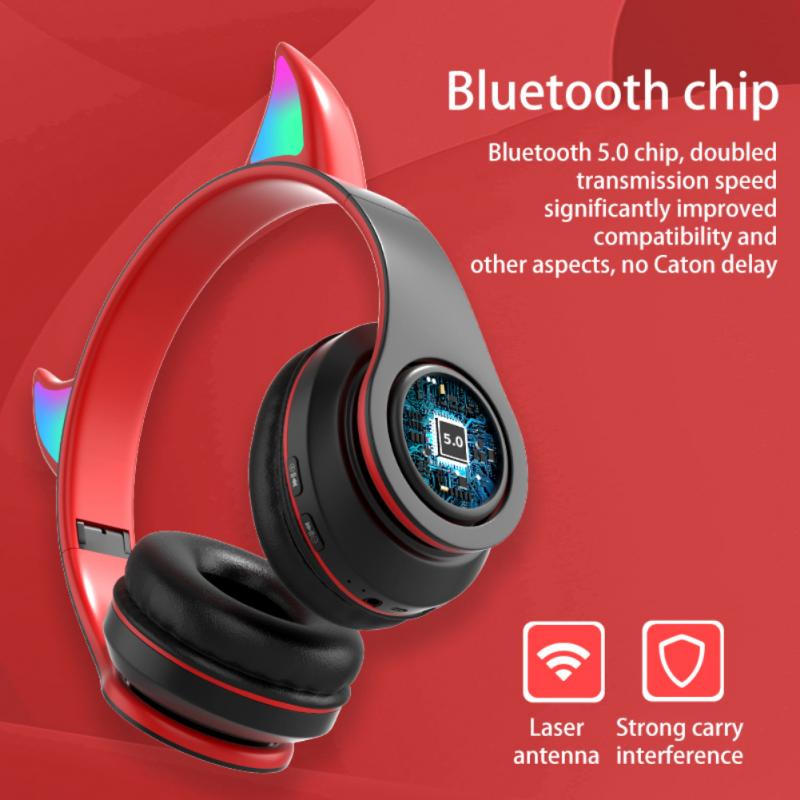 RGB Flashing Devil Ear Headphone Bass Demon Headset Bluetooth-compatible Noise Reduction With Mic For Kids Boys Music Game