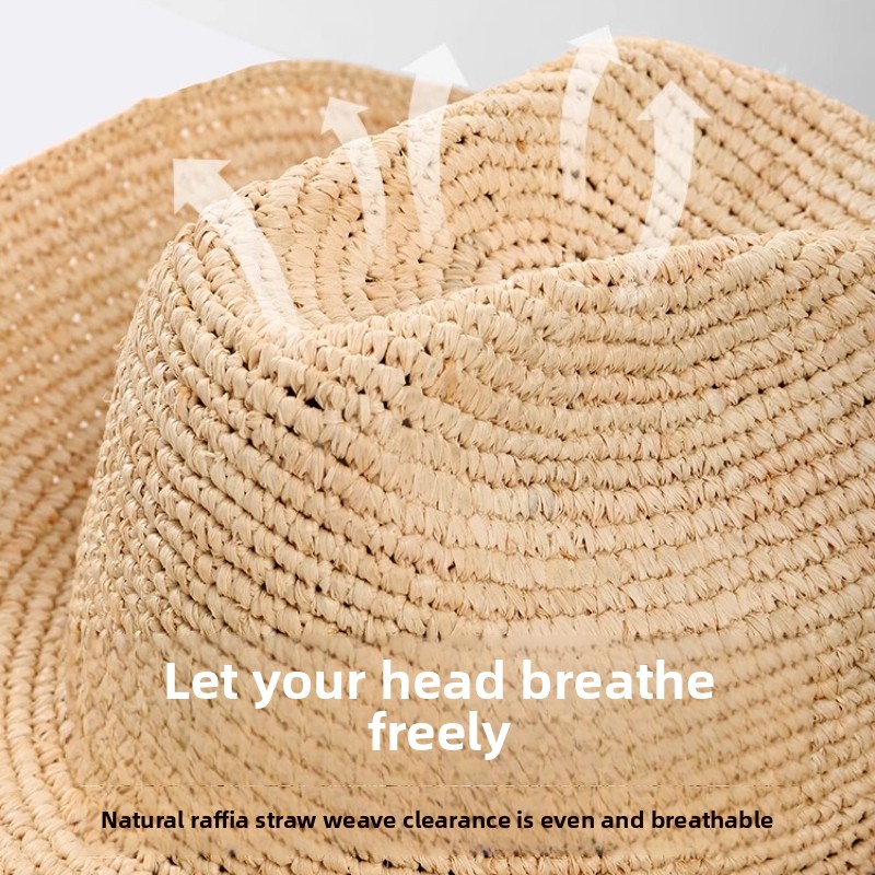 Chapéu de sol de palha de ráfia feito à mão para mulheres chapéu de cowboy de crochê de aba larga com velcro ajustável e fio de memória chapéu de praia de verão